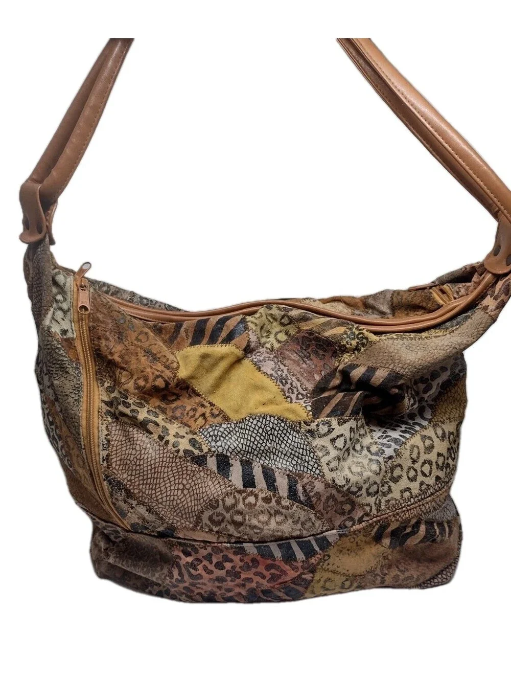 Y2K Patchwork Suede Leather Hobo Bag Animal Print Boho Oversized Weekender